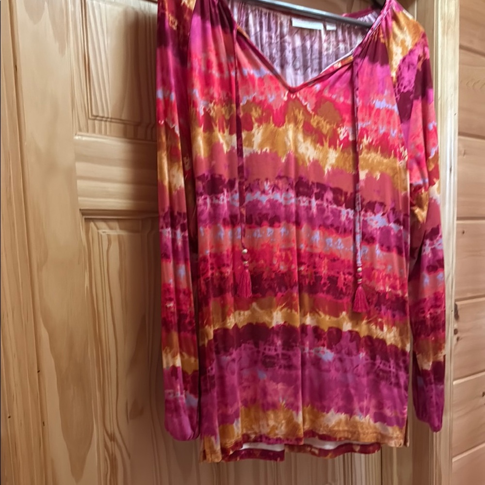 Belle by Kim Gravel Pink and Orange Tie Front Tunic Blouse